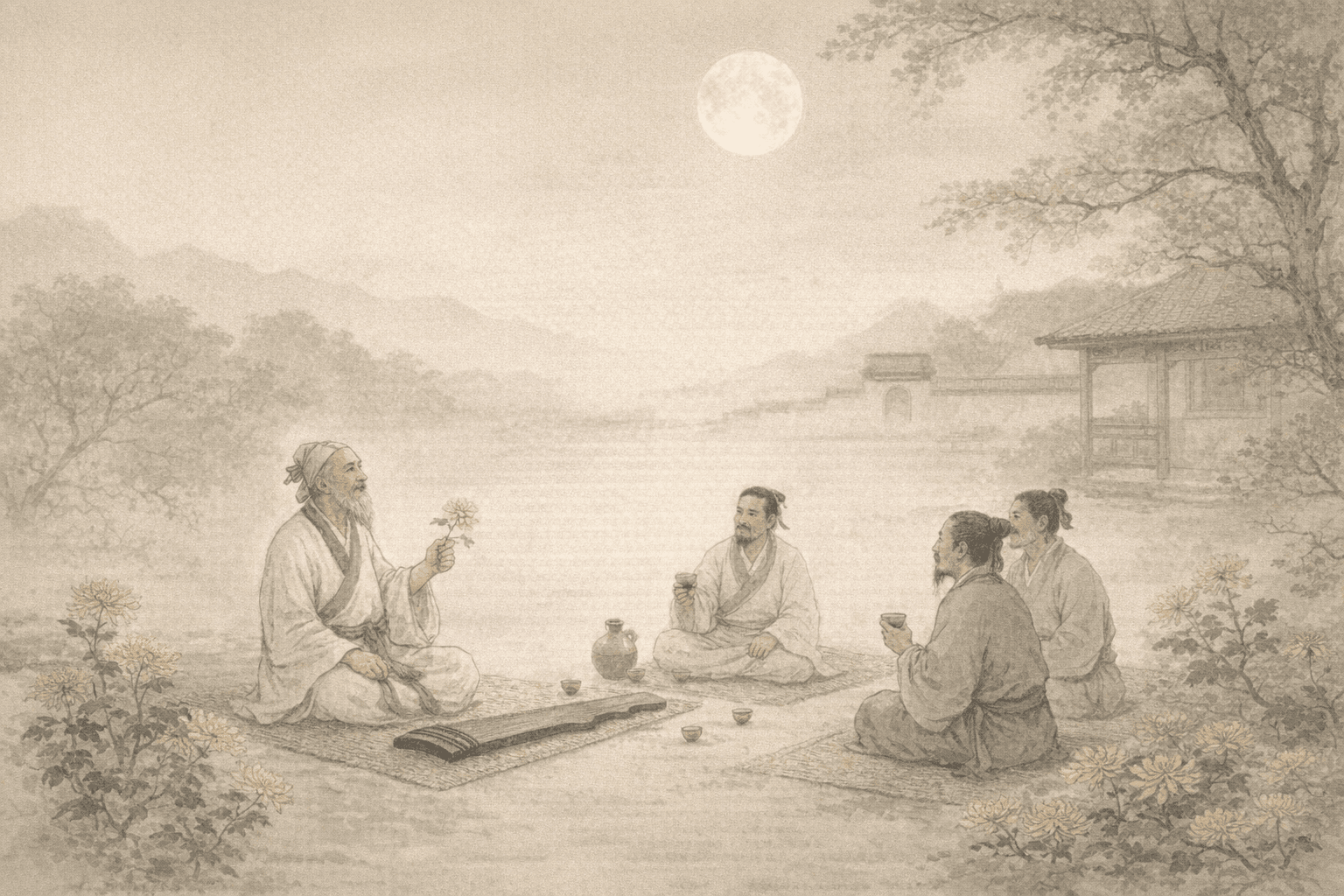 黄大仙第9签《陶渊明赏菊》典故配图