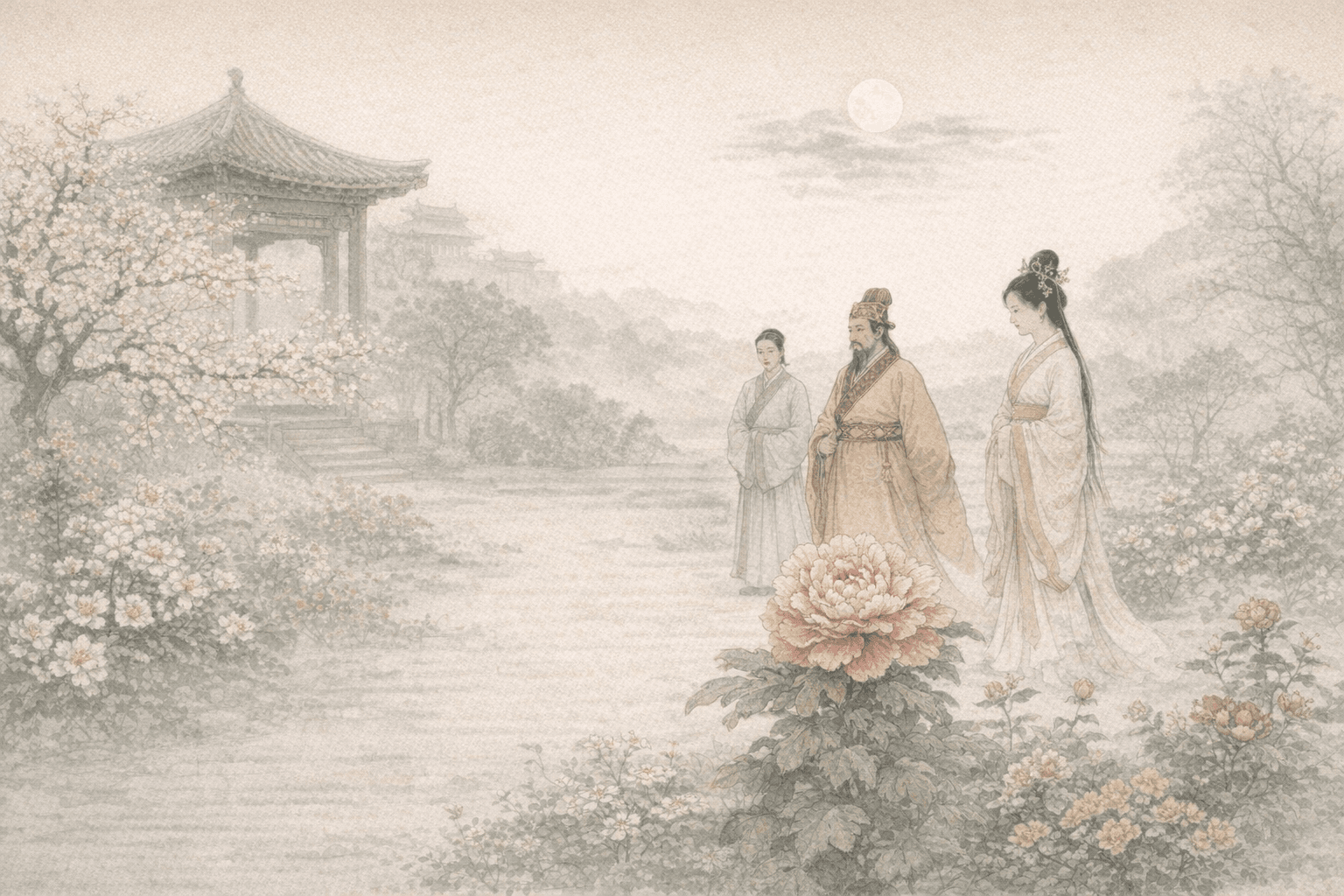 黄大仙第44签《唐天宝评花》典故配图