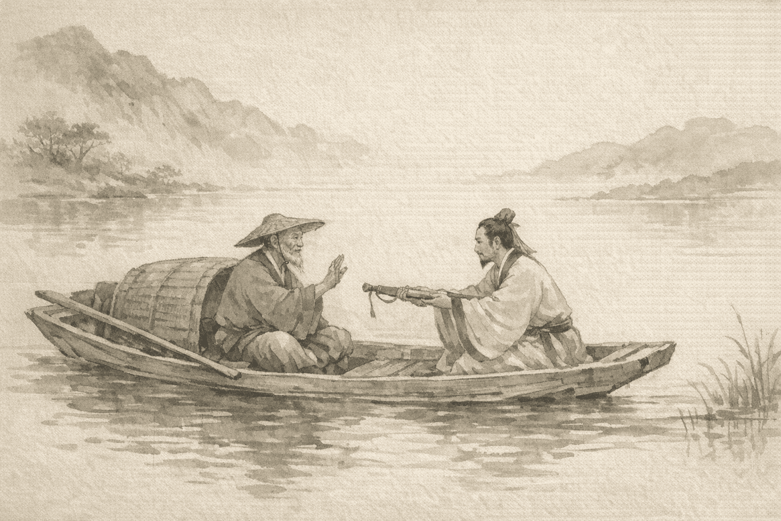 黄大仙第50签《伍员赠剑渔父》典故配图